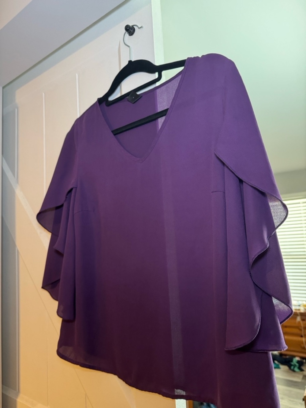 Purple V-Neck Flutter Sleeve Women's Top
